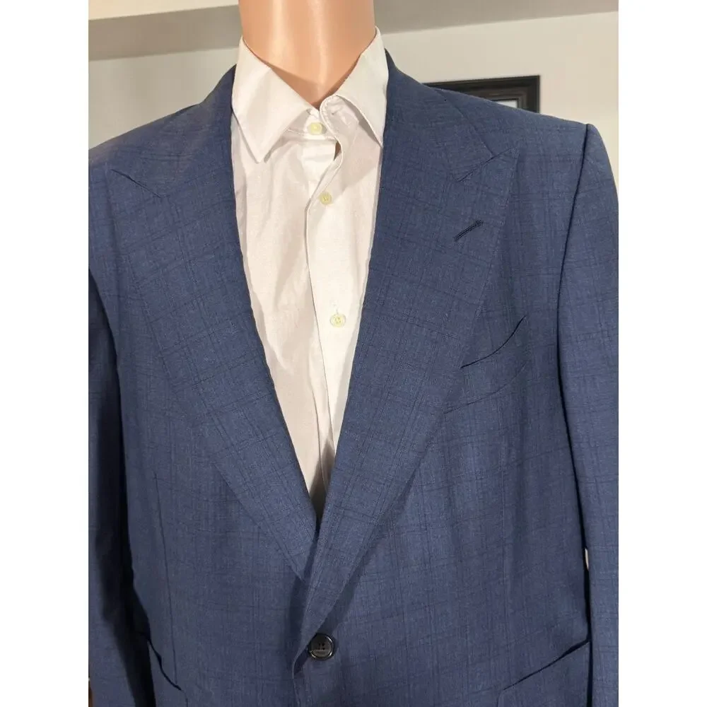 Tom Ford Blue Plaid Blazer 58C EU) 48S US Men's Peak Lapel Windsor Wool